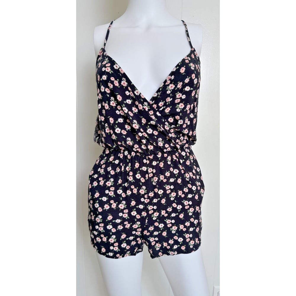 Mimi Chica Romper Spaghetti Strap Black & Pink Floral With Pockets - XS‎